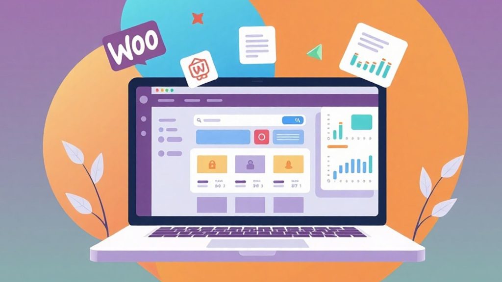 تصویر تبلیغاتی ووکامرس مناسب بنر سایت و لندینگ پیج تصویر مفهومی فروش محصولات دیجیتال با فروشگاه‌ساز ووکامرس طراحی مدرن فروشگاه آنلاین ووکامرس با آیکن‌های فروش تصویرسازی اتصال ووکامرس به درگاه پرداخت آنلاین نمای گرافیکی فروش اینترنتی با ووکامرس و وردپرس تصویر مفهومی ساخت فروشگاه حرفه‌ای با فروشگاه‌ساز ووکامرس ووکامرس